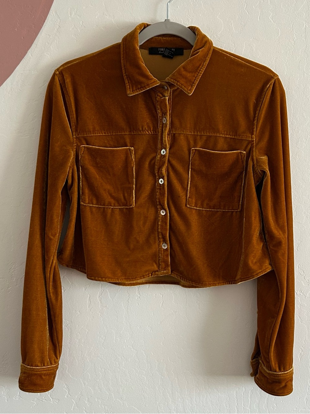 Forever 21 Velvet Button-Front Collated Crop Shirt - Rust or Gold size Small